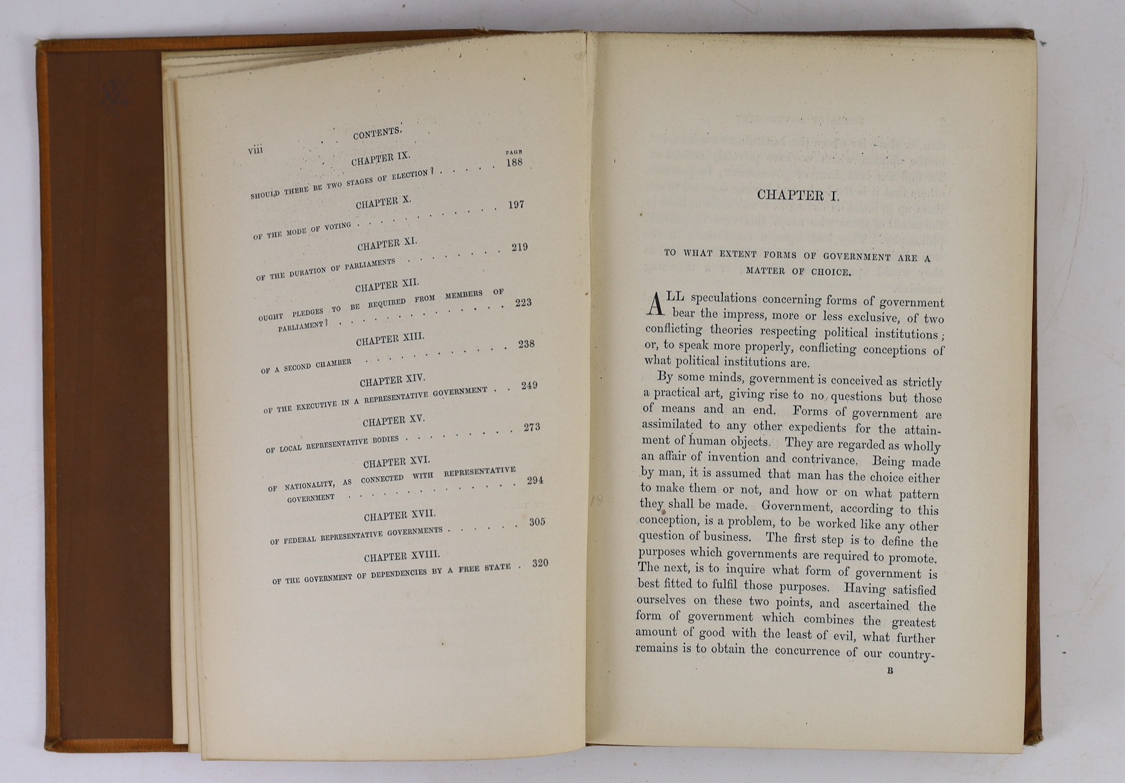 Mill, John Stuart - Considerations on Representative Government. 2nd edition. half title; original blind-decorated and gilt-lettered orange cloth. 1861